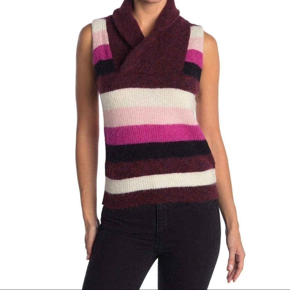 NWT GANNI Striped Colorblock Wool Knit Sweater Top Purple Small